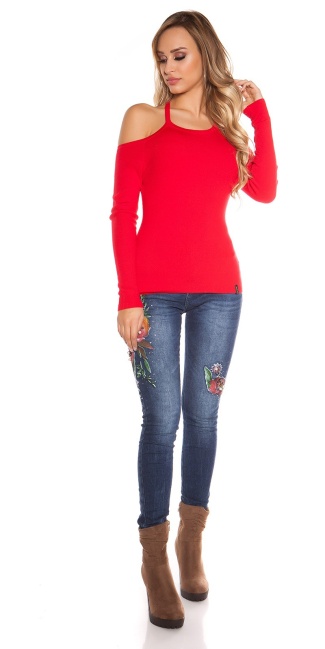 Fijn gebreide blote schouder sweater-trui rood